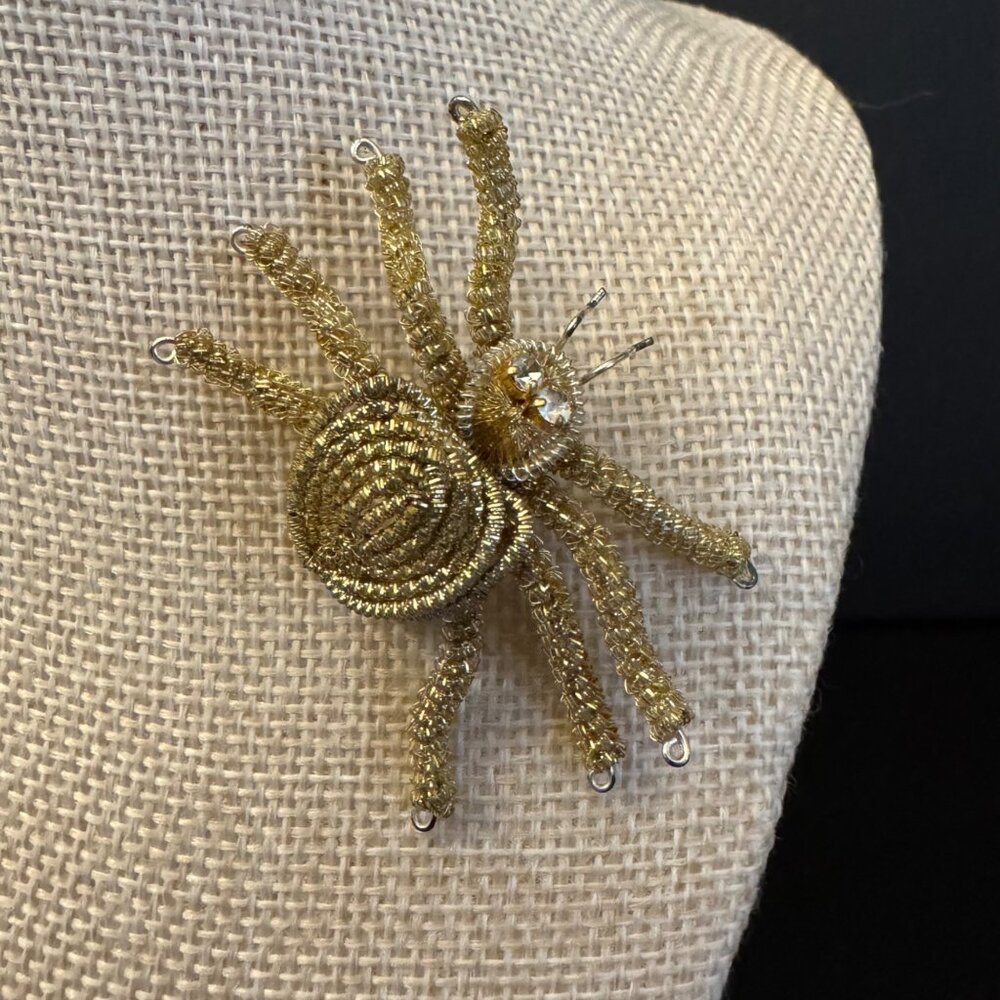 Gold-Tone Handmade Wire Spider Brooch With Rhinestone Accents - Picture 1 of 14